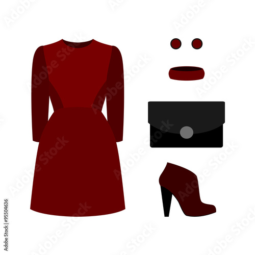 Set of  trendy women's clothes with red dress and accessories.Women's wardrobe. Vector illustration