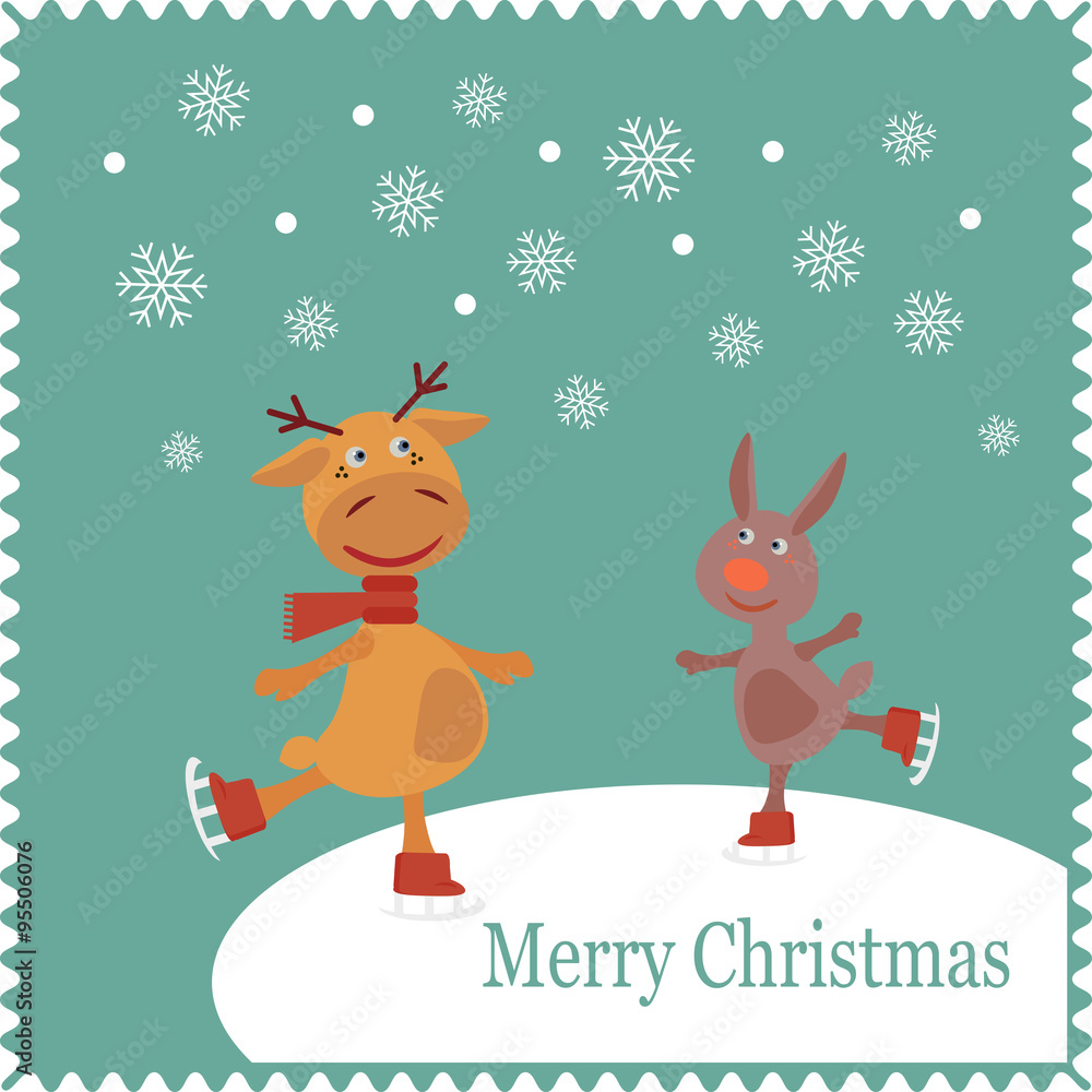 Greeting card with deer and rabbit skates Greeting card with deer and rabbit skates