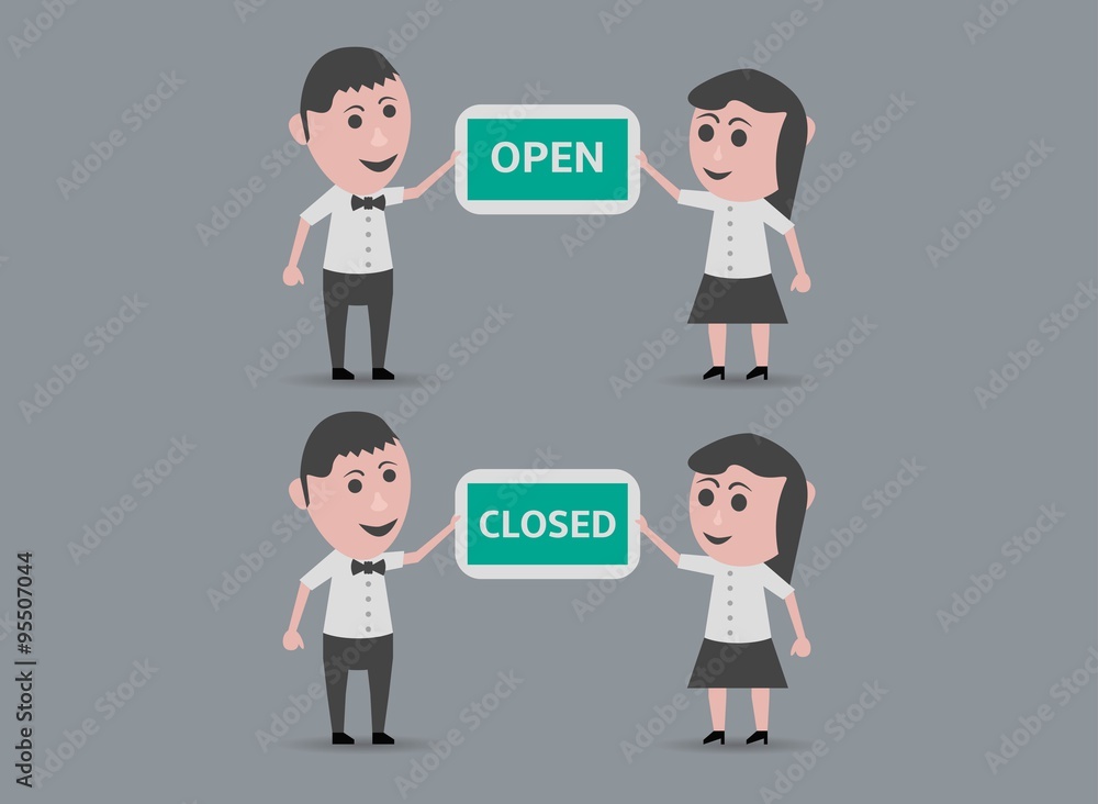 dolls man and woman with open and closed sign