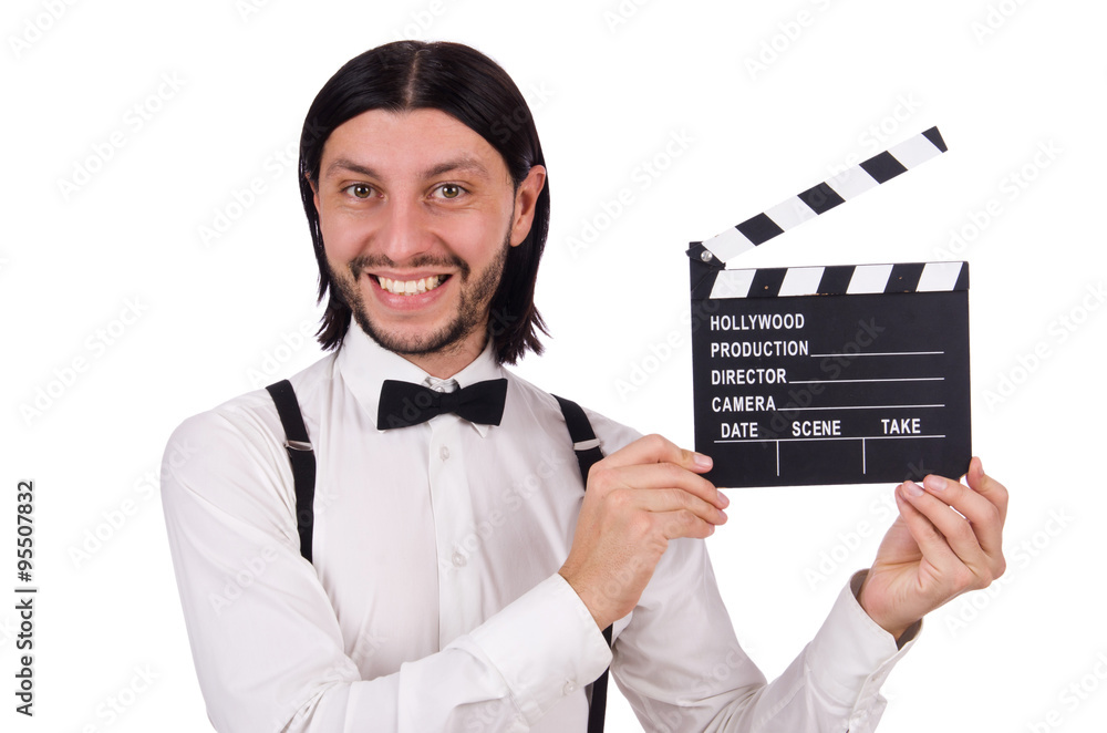 Young gentleman with clapperboard isolated on white Young gentleman with clapperboard isolated on white