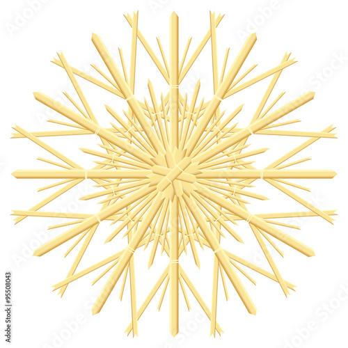 Straw star - christmas tree ornament made of natural straws. Isolated vector illustration over white background.