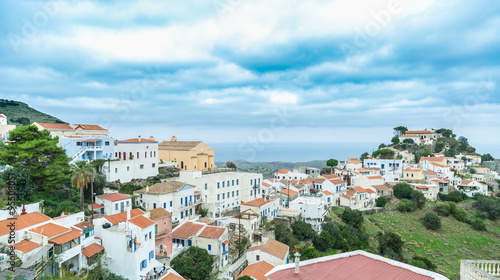 Kea island Cyclades Greece, buildings and nature background.