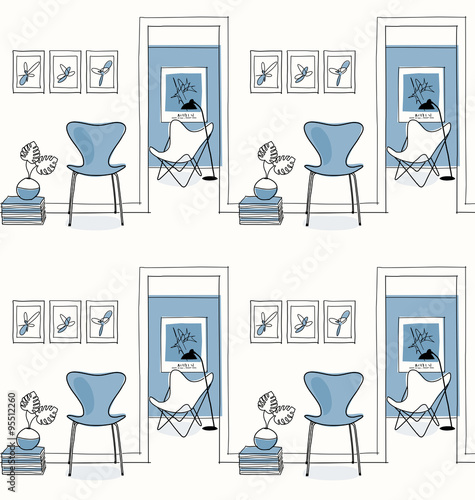 Home interior, hallway. Design icons, butterfly chair seamless pattern, blue.