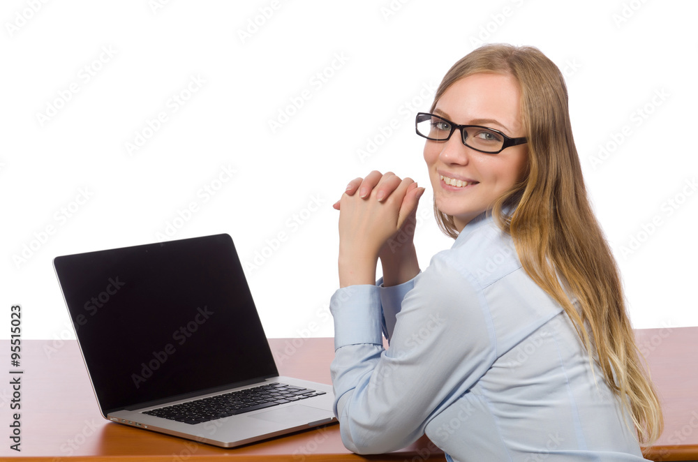 Office employee at work table with laptop isolated on white Office employee at work table with laptop isolated on white
