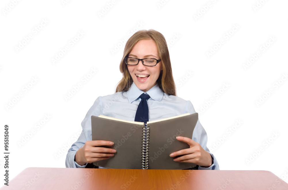Office employee at work table isolated on white Office employee at work table isolated on white