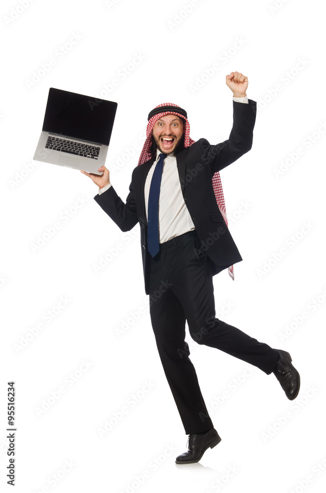 Arab businessman with computer on white
