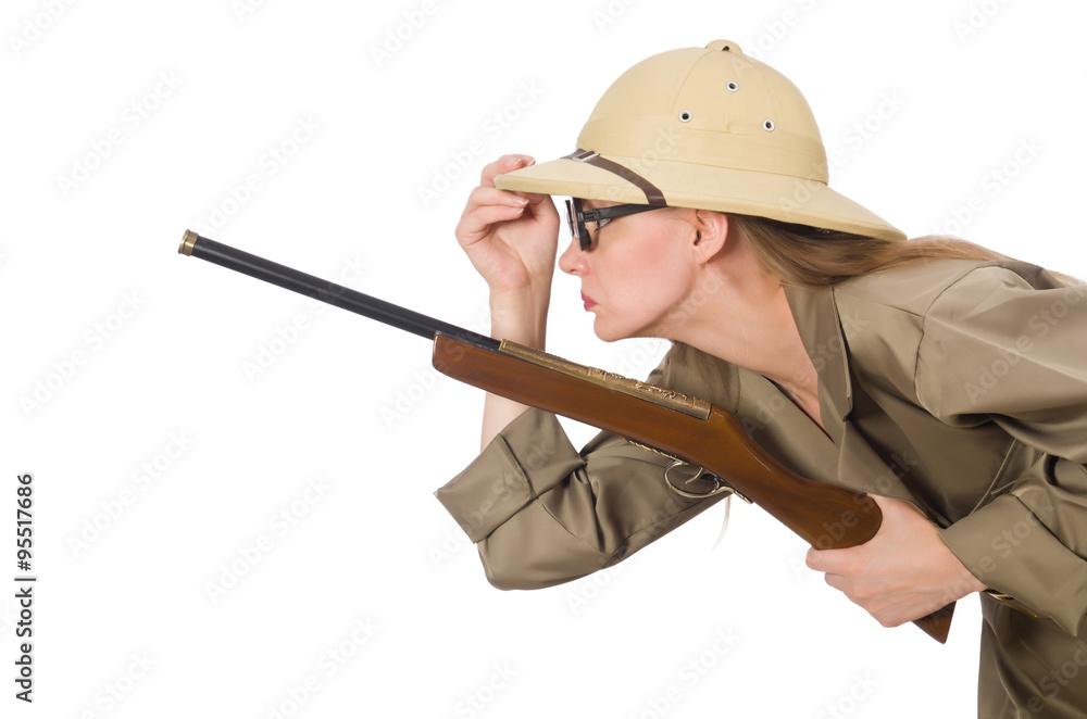 Woman wearing safari hat on white Woman wearing safari hat on white