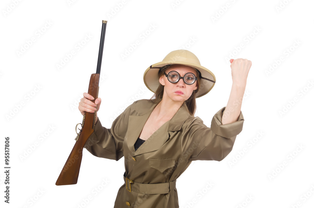 Woman wearing safari hat on white Woman wearing safari hat on white