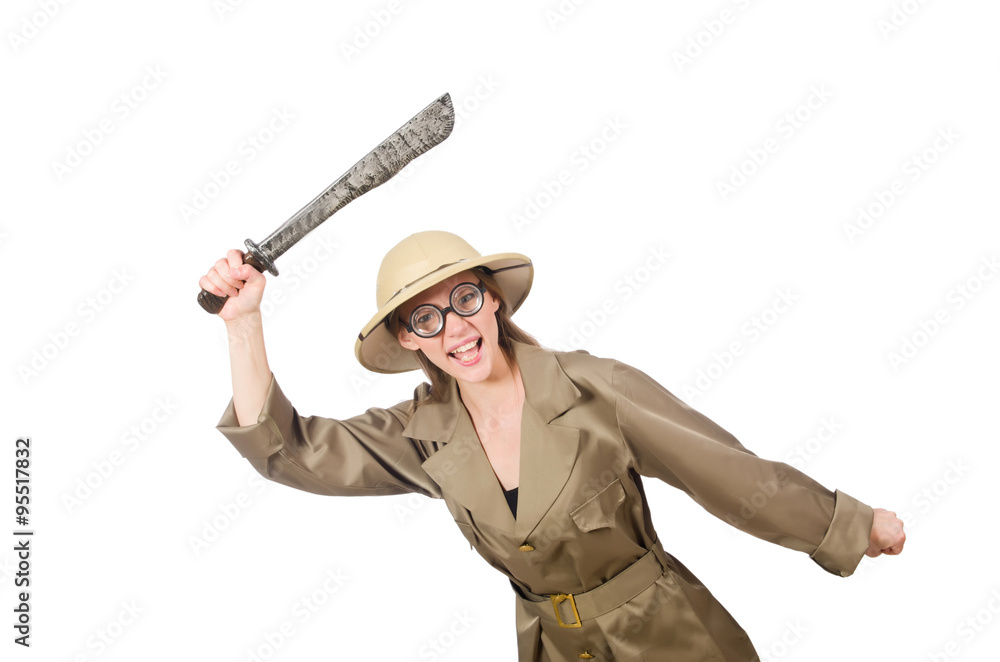 Woman wearing safari hat on white Woman wearing safari hat on white