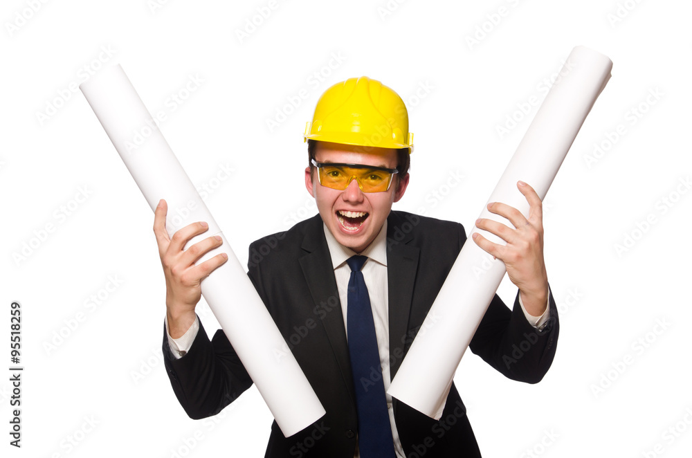 Funny architect with drawings on white Funny architect with drawings on white