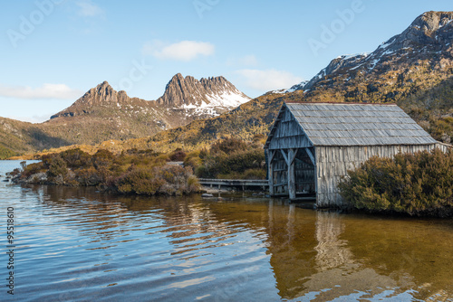 Boat house and Cradle mountain at Cradle mountain and lake St.Clair national park of Tasmania, Australia.