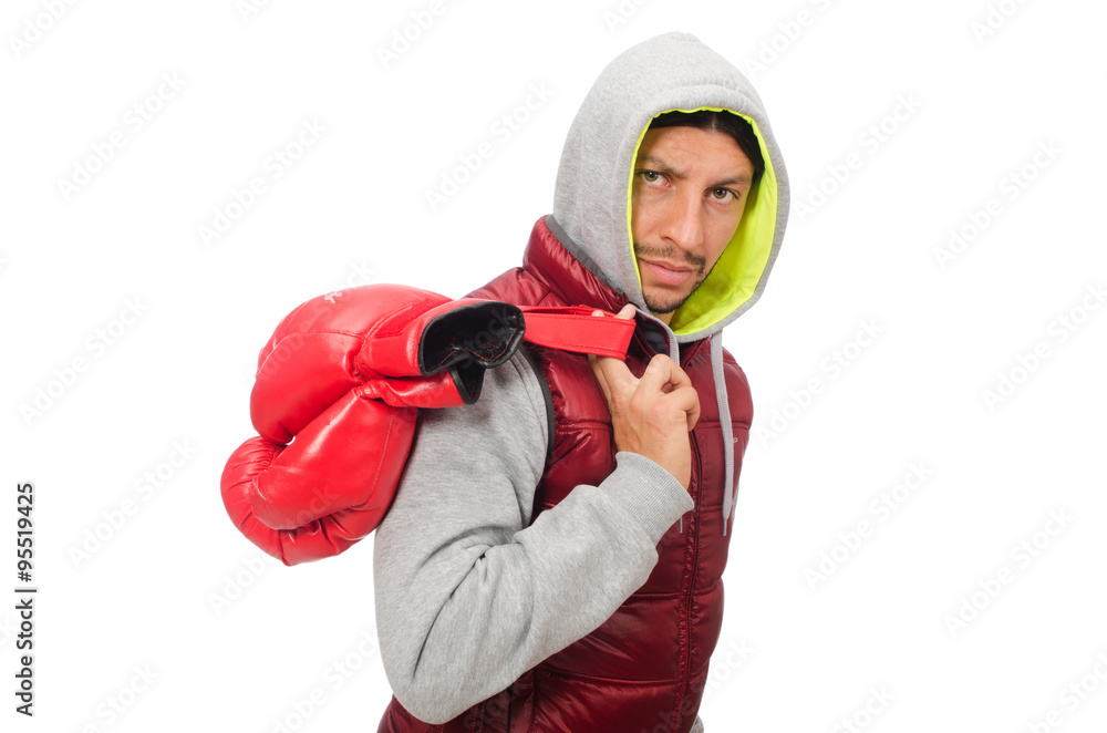 Man wearing boxing gloves isolated on white Man wearing boxing gloves isolated on white
