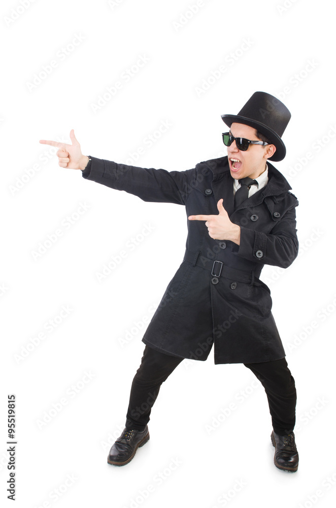 Young detective in black coat isolated on white Young detective in black coat isolated on white