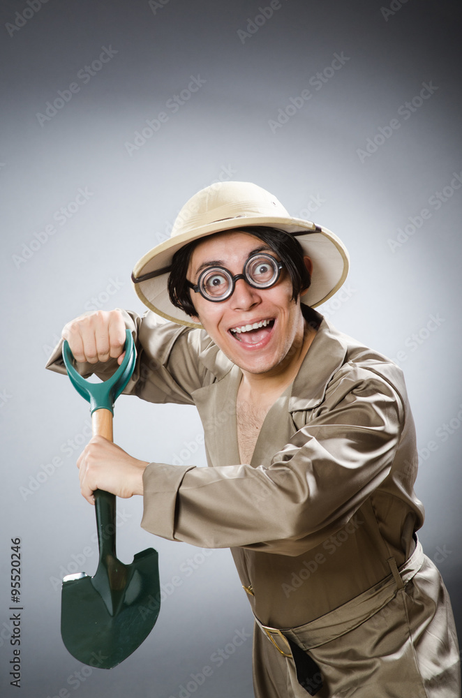 Funny safari traveller in travelling concept Funny safari traveller in travelling concept