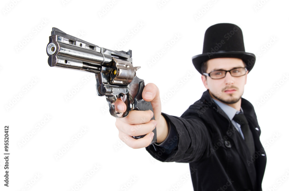 Young detective in black coat holding handgun isolated on white Young detective in black coat holding handgun isolated on white