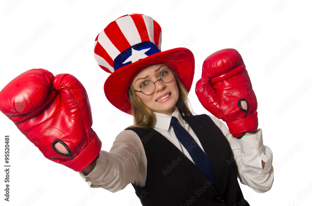 Woman with boxing gloves isolated on white Woman with boxing gloves isolated on white