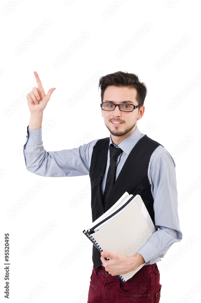 Office employee holding paper isolated on white Office employee holding paper isolated on white