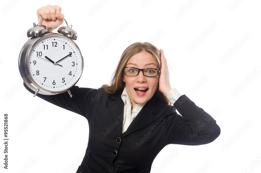 Pretty office employee with alarm clock isolated on white Pretty office employee with alarm clock isolated on white