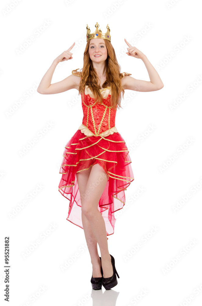 Princess wearing crown and red dress isolated on white Princess wearing crown and red dress isolated on white