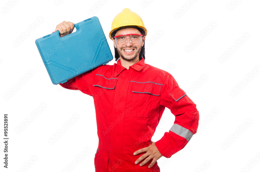 Man wearing red coveralls isolated on white Man wearing red coveralls isolated on white