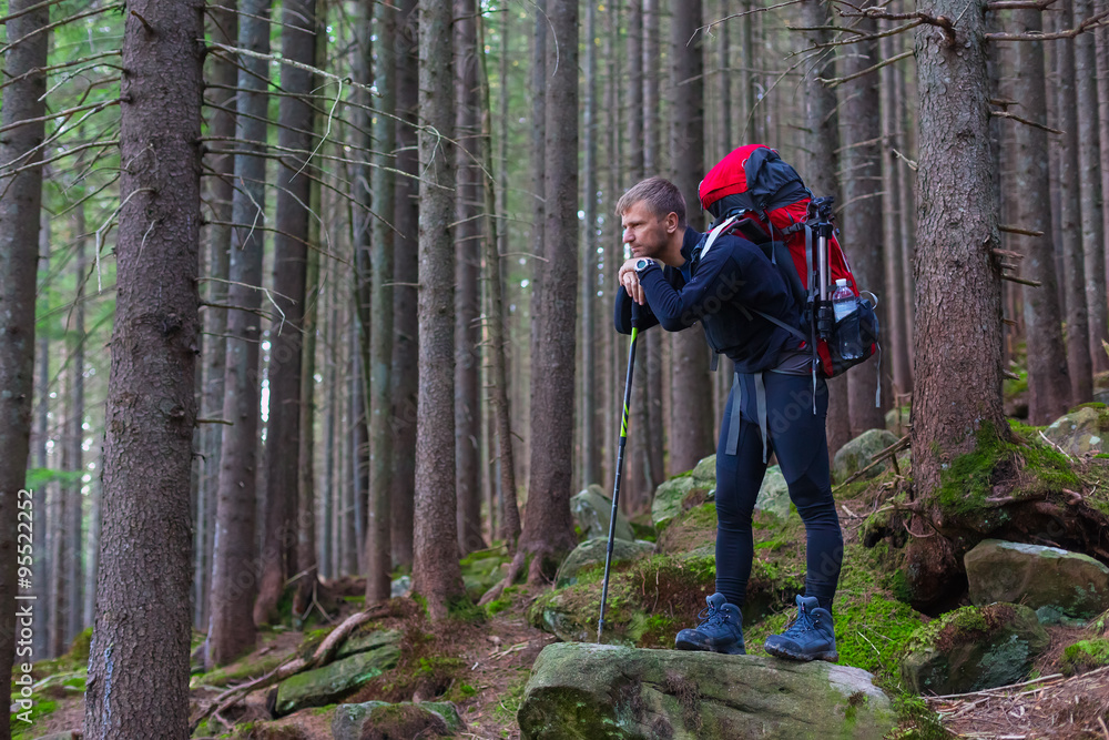 Pensive Male Hiker Staying on Stone in Forest