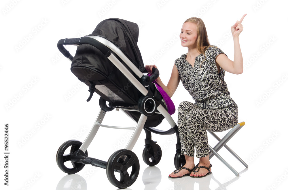 Happy mom with her baby in pram