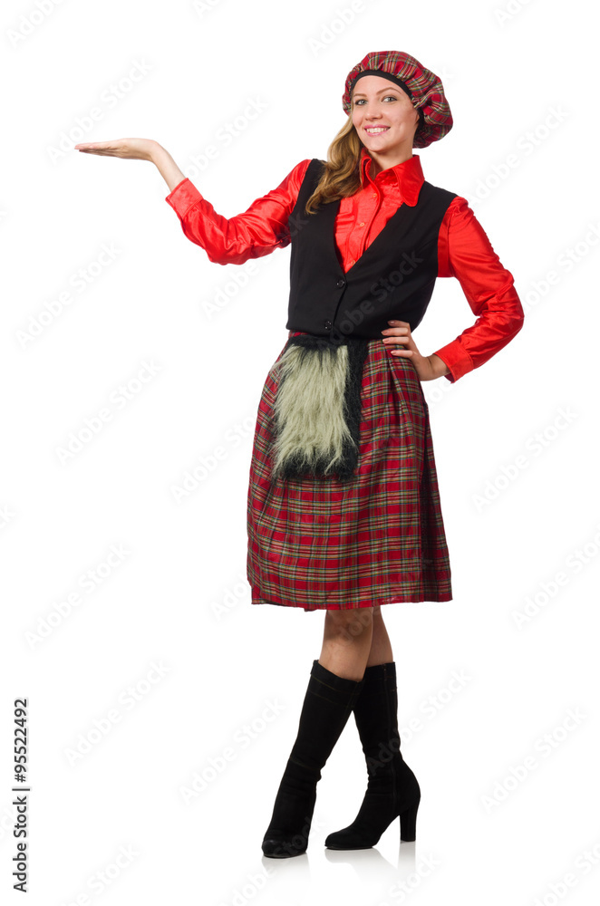 Funny woman in scottish clothing on white Funny woman in scottish clothing on white