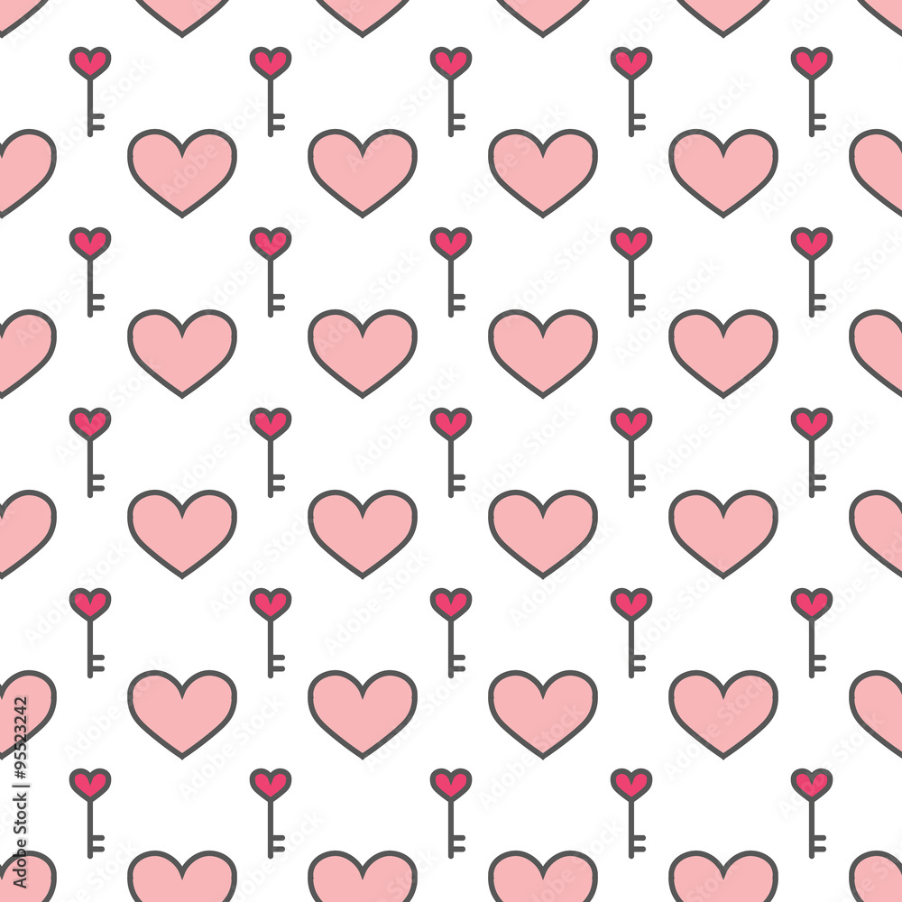 Valentine's Day hearts and keys seamless pattern. Romantic background with hearts.