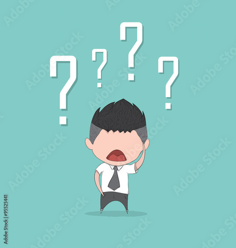 Confusing cute business man with question marks above his head,