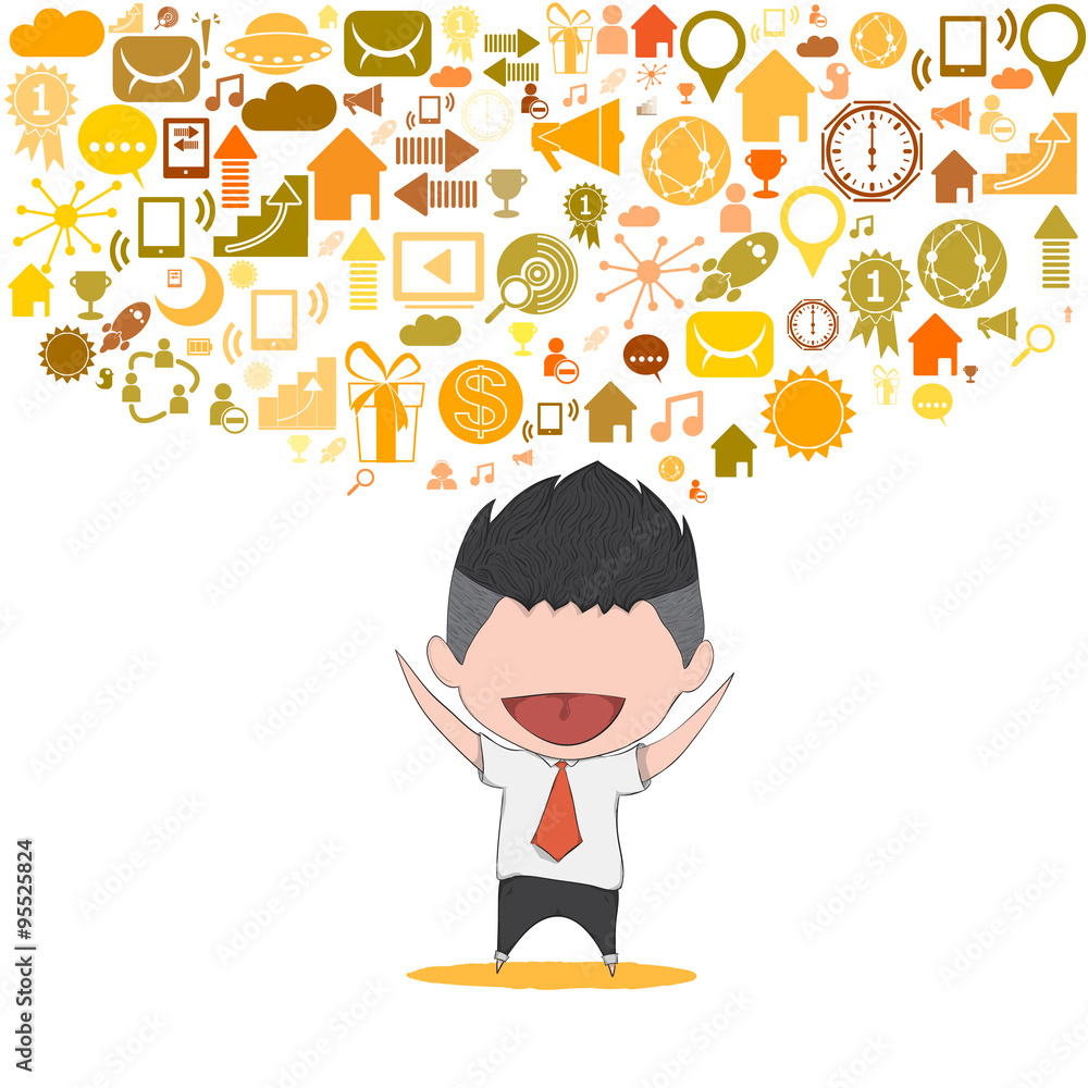 Businessman happy template design thinking idea with social netw Businessman happy template design thinking idea with social netw