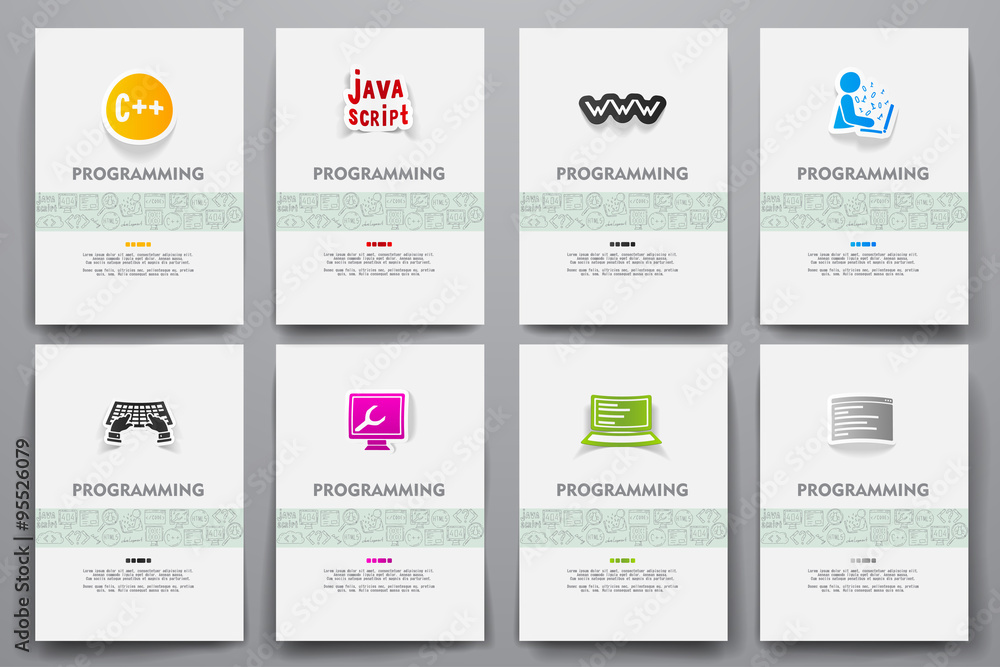 Corporate identity vector templates set with doodles programming theme
