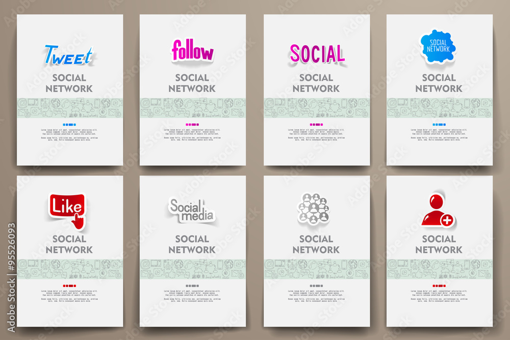 Corporate identity vector templates set with doodles social network theme