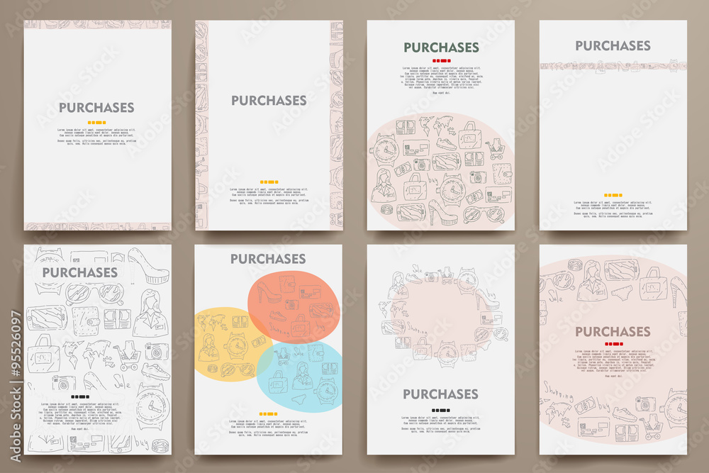 Corporate identity vector templates set with doodles sale theme