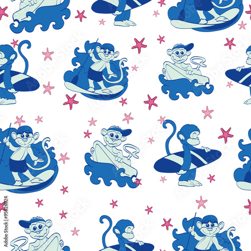 Photos Vector Fun Surfing Monkeys Starfish Seamless Pattern