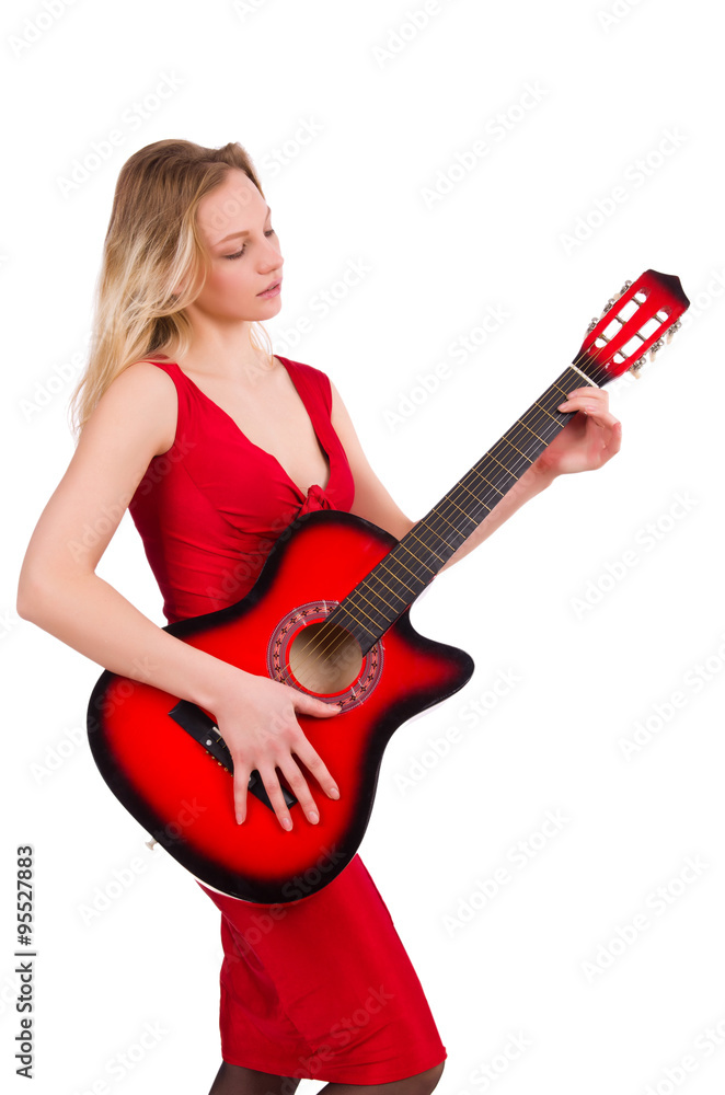 Blond hair woman with guitar isolated on white Blond hair woman with guitar isolated on white