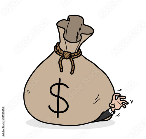 Greed, a hand drawn vector illustration of a big money bag on top of a greedy businessman.