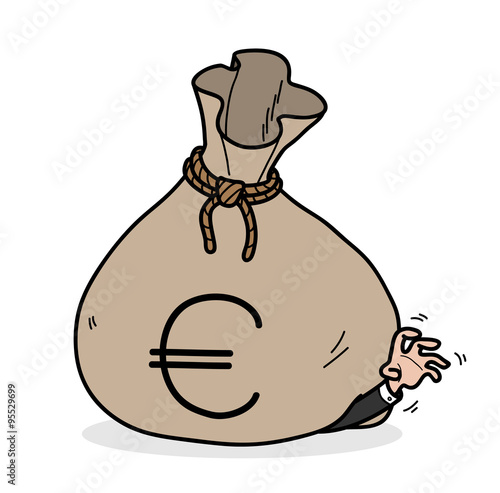 Greedy, a hand drawn vector illustration of a big money bag on top of a greedy businessman.
