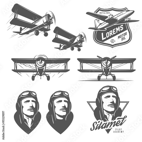 Set of vintage aircraft design elements. Biplanes, pilots, design emblems