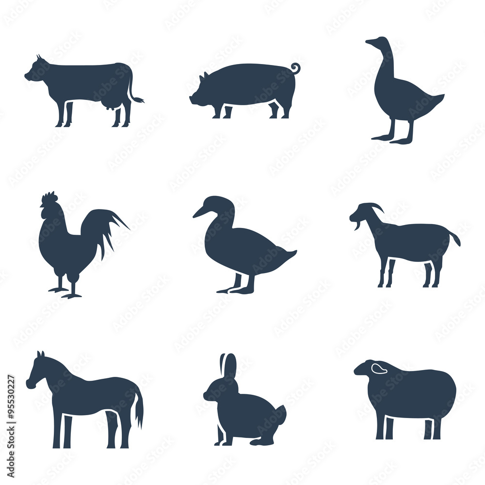 Farm animals silhouettes vector icon set Farm animals silhouettes vector icon set