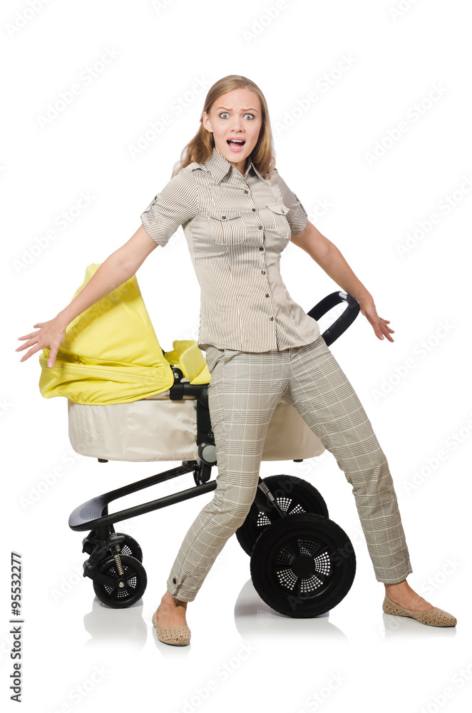 Fototapeta premium Woman with baby and pram isolated on white