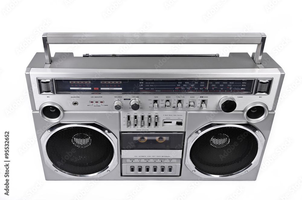 1980s Silver radio boom box isolated on white. above 1980s Silver radio boom box isolated on white. above