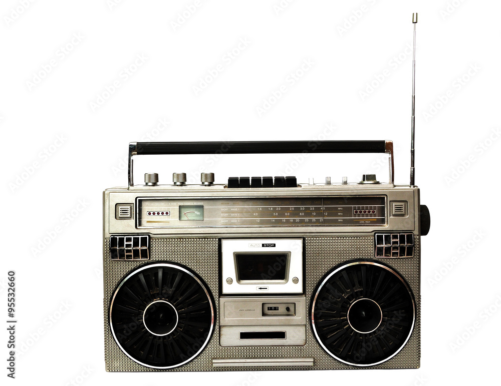 1980s Silver radio boom box with antenna up isolated on white 1980s Silver radio boom box with antenna up isolated on white
