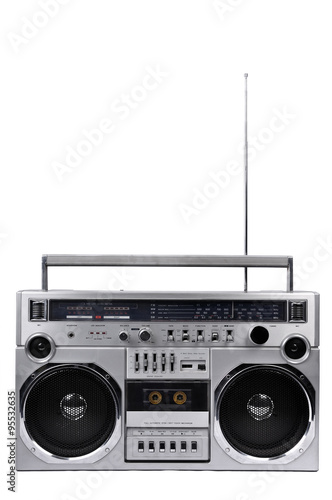 1980s Silver ghetto radio boom box with antenna up isolated on w photo