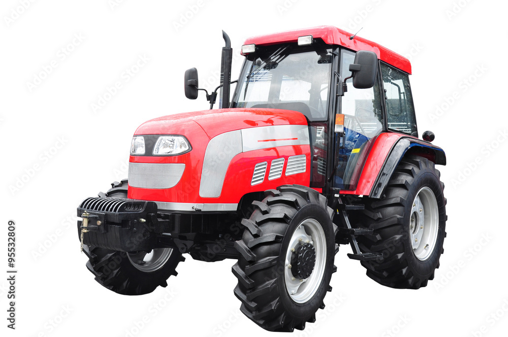 New red agricultural tractor isolated over white background. Wit New red agricultural tractor isolated over white background. Wit