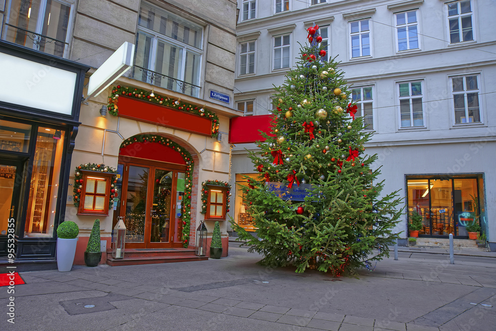 Street and Christmas tree with modern design decoration in downtown Vienna