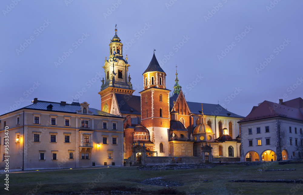 Night view of the cathedral of St Stanislaw and St Vaclav and Royal Castle on the Wawel Hill, Krakow, Poland
