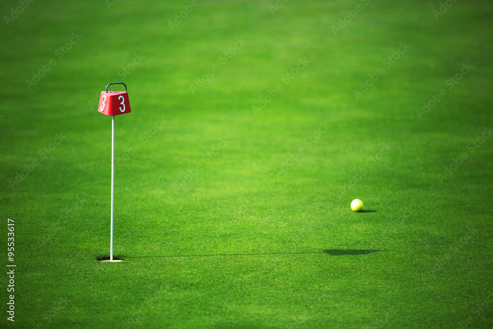 Obraz premium Green golf land and ball near the hole
