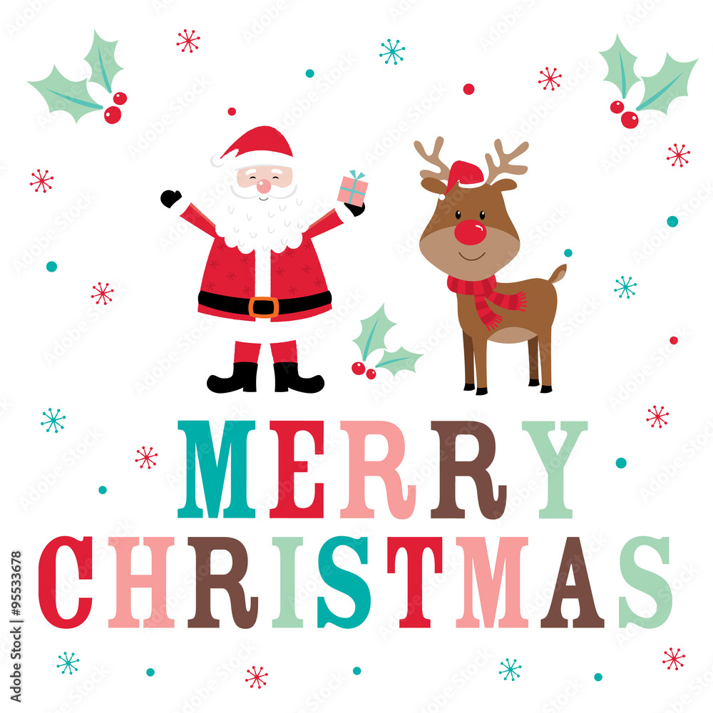 Christmas card with cute santa and reindeer design vector Illustration. EPS 10 & HI-RES JPG Included 