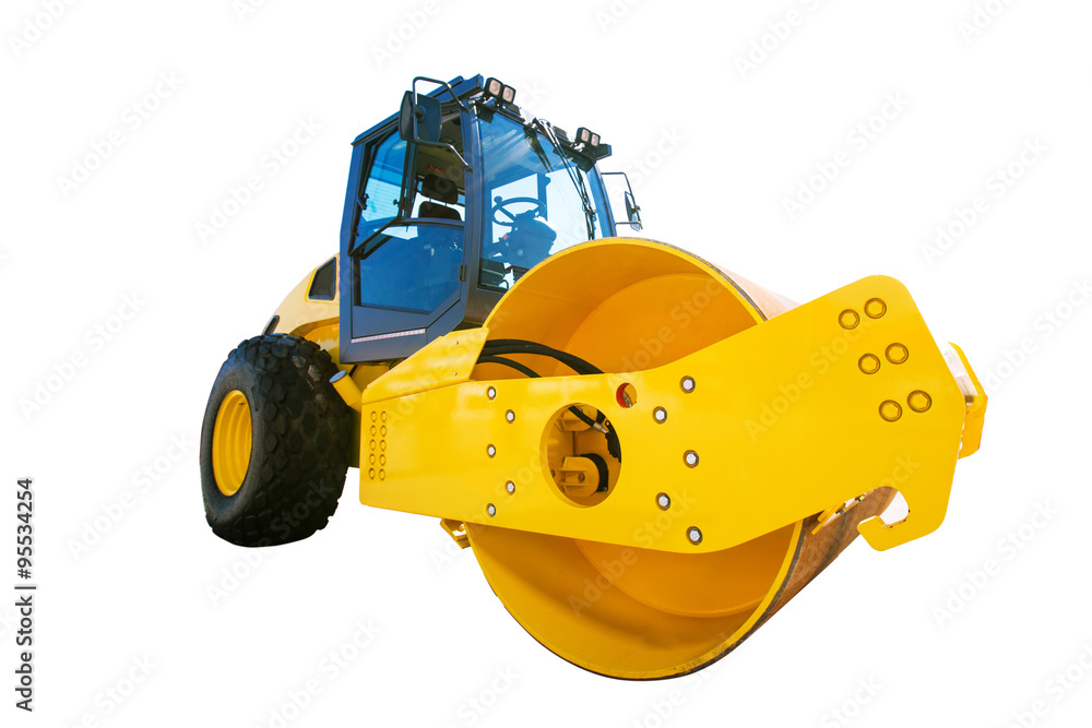 Fototapeta premium Big modern yellow road roller heavy construction machine isolate