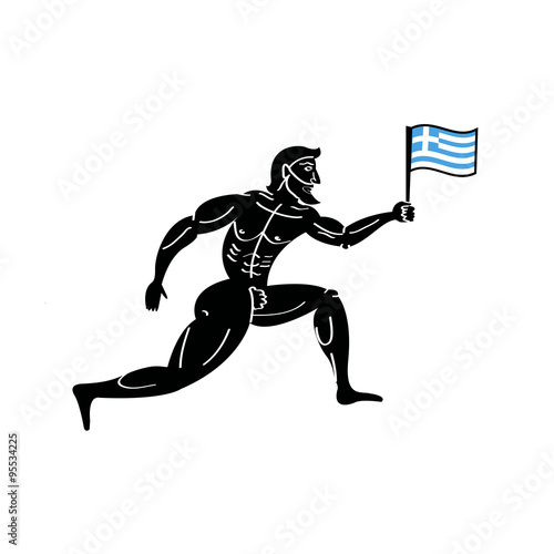 Ancient greek athletic runner with national flag of Greece